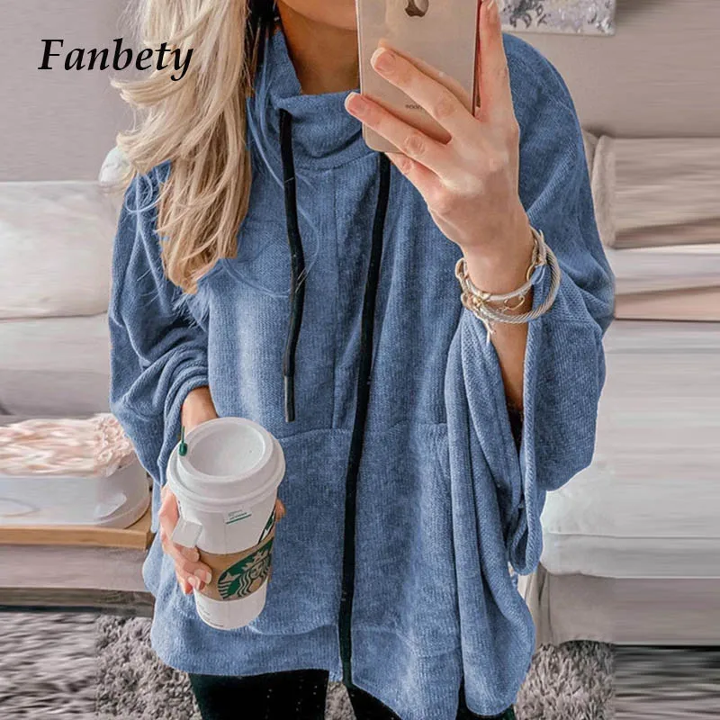 

Fanbety Winter Warm Turtleneck Pocket Hoodies Sweatshirt Women solid Drawstring Tops Autumn Batwing Long Sleeve Pullovers 5XL