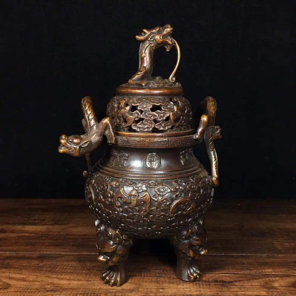 

7" Tibet Buddhism Temple bronze Chinese dragon playing bead statue incense burner Pixiu Incense Burner Incense burner
