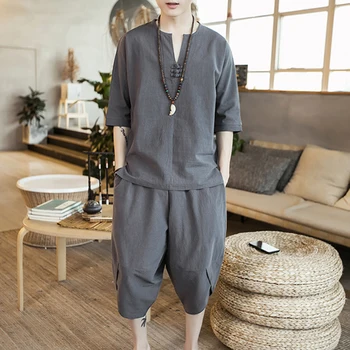 

Men Thin Linen Set Summer Chinese Style Loose Large Size Cotton Linen 2Pcs/set Short Sleeve Middle Length Pants JL