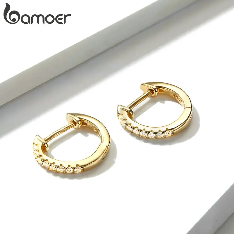 Bamoer 925 Silver Huggie Hoop Earrings for Women with Cubic Zirconia 10 Colors Gold Color Statement Jewelry SCE498