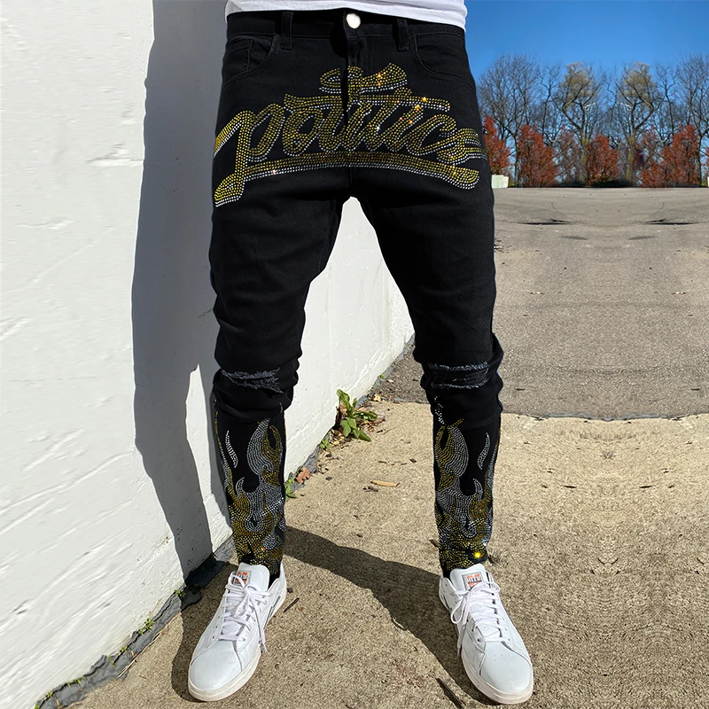 y2k Men's Stretchy Ripped Skinny Black Jeans Slim High Quality Hole Trousers Aesthetic Rhinestones Streetwear Denim Pencil Pants