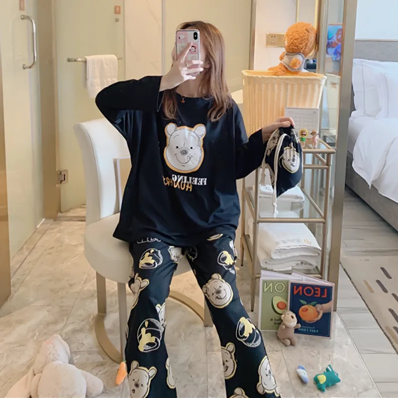 

Pajamas Women's Spring And Autumn Long Sleeve Pure Cotton Korean-style Students Cute Two-Piece Set Sweet Thin-Outer Wear Tracksu