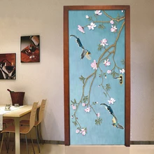 Китайский стиль Цветок Птица Фреска Водонепроницаемый самоклеющиеся двери стикеры виниловые обои для гостиной спальни двери украшения