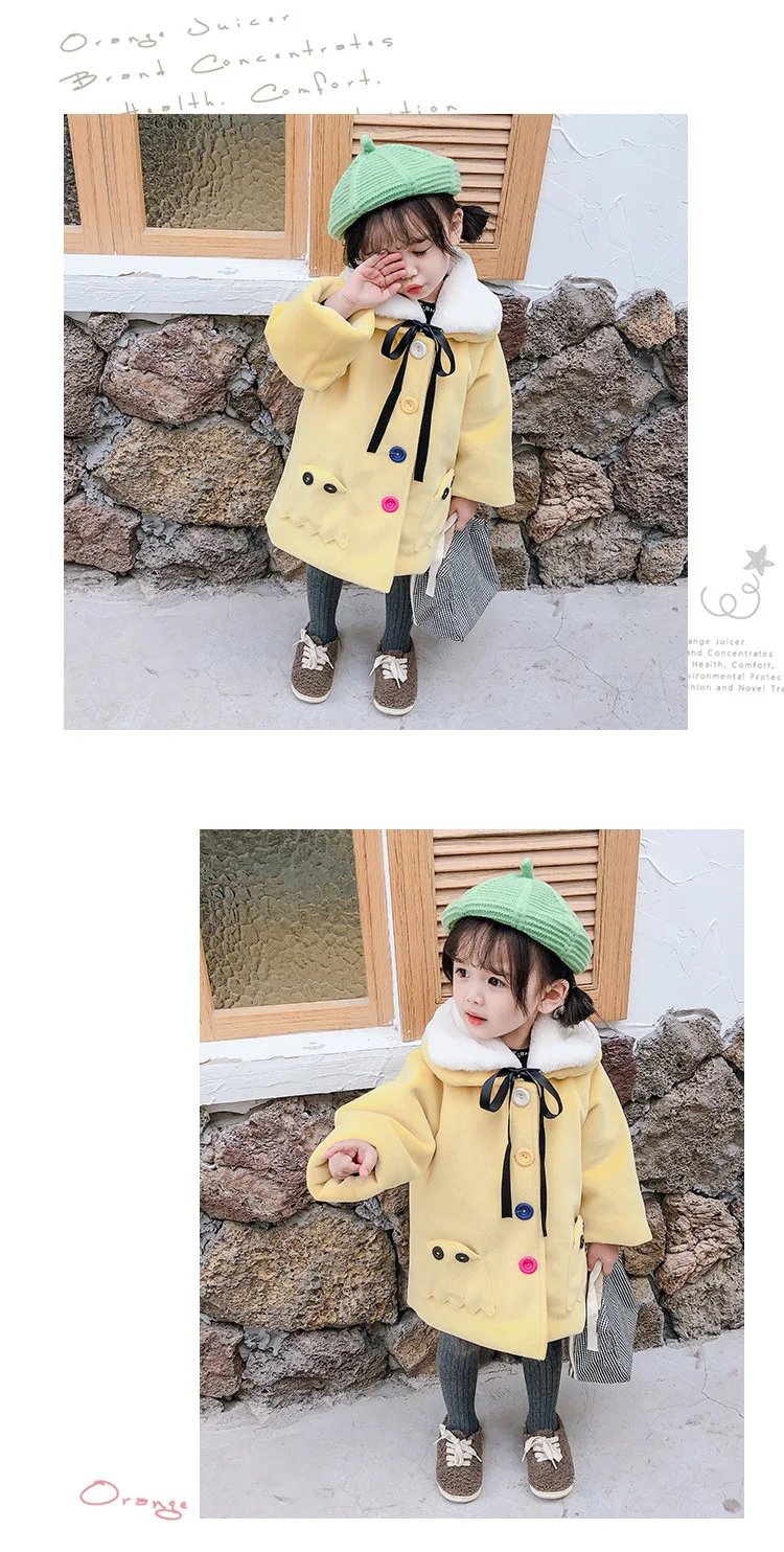 Шерстяное пальто с норковым белым бархатным воротником для маленьких девочек; плащ с разноцветными пуговицами; зимнее Детское пальто с длинными рукавами; плотные теплые пальто