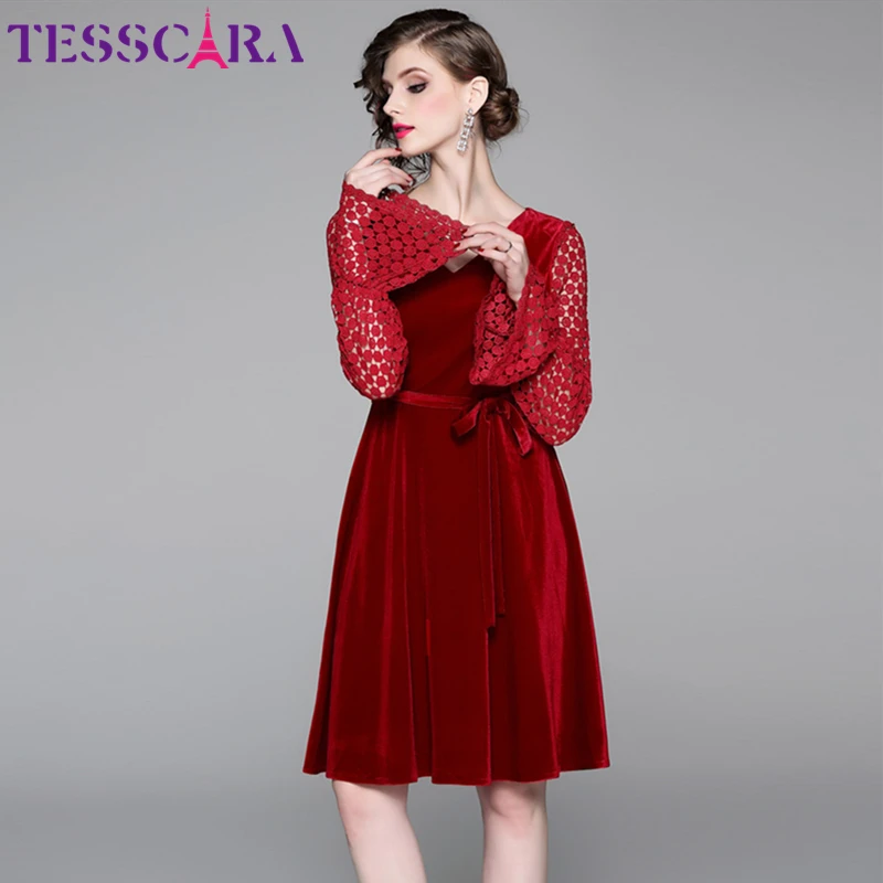 TESSCARA, женское осеннее и зимнее элегантное бархатное платье, праздничное женское кружевное дизайнерское коктейльное платье, высокое качество, красные вечерние платья