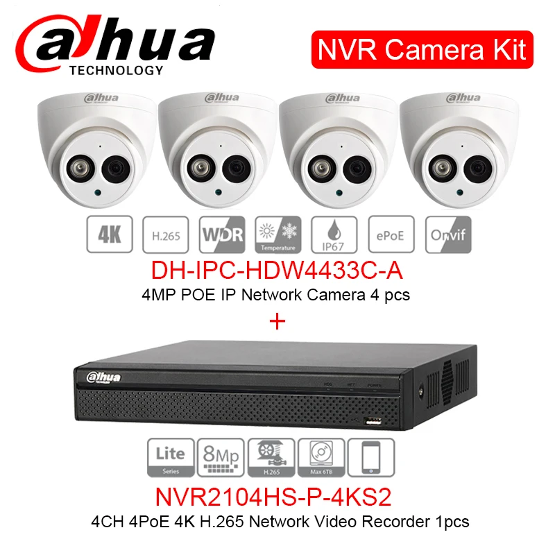 Dahua 4+ 4 CCTV комплект безопасности NVR NVR2104HS-P-4KS2 4CH 4K сетевой Vedio рекордер 4MP IP камера IPC-HDW4433C-A POE Встроенный микрофон