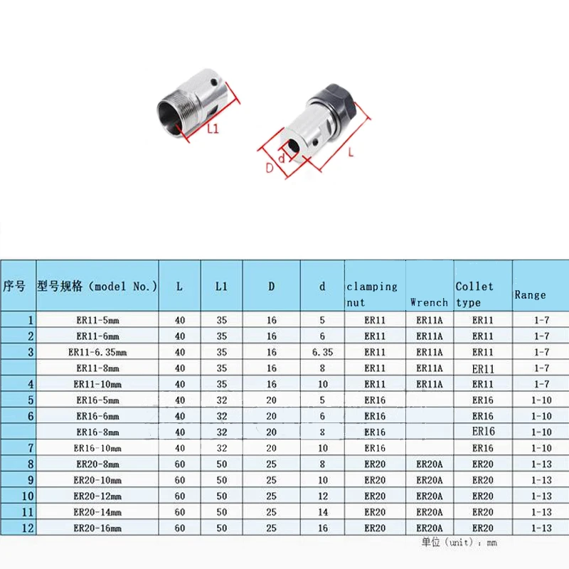 1pc ER11 Collet Chuck Motor Shaft Extension Rod Spindle Lathe Tools 5mm 6.35mm 6mm 7MM 8MM 10MM Milling Boring C16-ER11A-35L