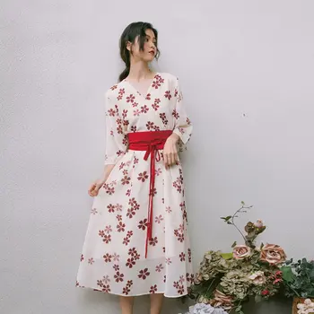 

Womens Dresses New Arrival 2019 Summer Dresses Floral Chiffon Long A Line Obi Yukata Vintage Japanese Dresses FF2191