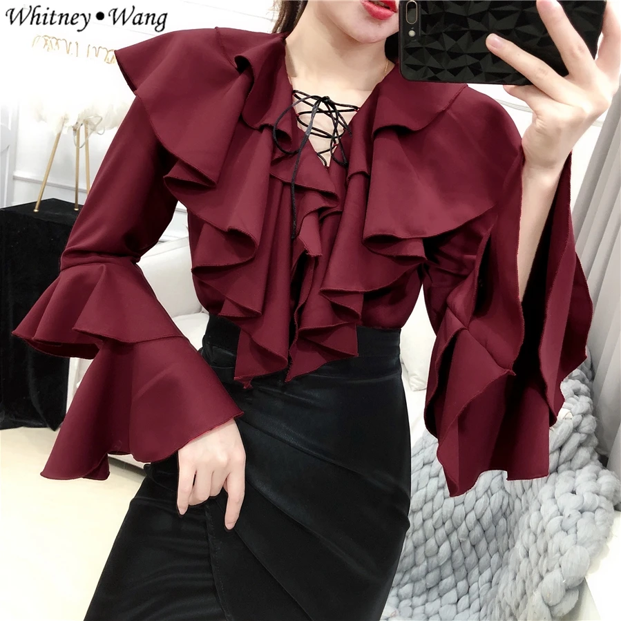 WHITNEY WANG, блузки,, Весенняя мода, на шнуровке, v-образный вырез, рукав-фонарик, оборки, шифоновая блузка, для женщин, Blusas, женская рубашка, Топ