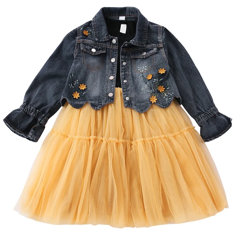 Girls Jeans Coat Tulle Dress Set Yellow 