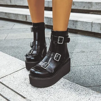 

US4-13 Womens Round Toe Platform Belt Buckle Ankle Boots Wedge High Heel Side Zip Punk Motorcycle Gothic Shoes 2Colors Plus Size