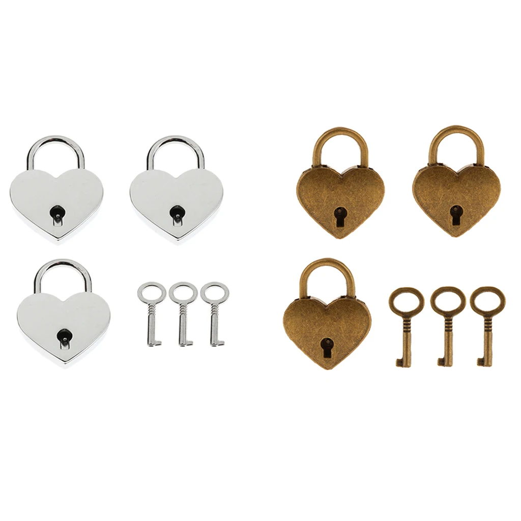 6x Mini Heart Shape Padlock With 6 Keys Suitcase Lock Silver&Antique Brass M