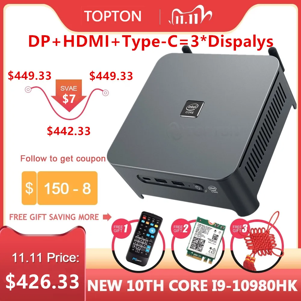 TOPTON 10 го поколения Core i9 10980HK i7 10750H Mini PC 2 Lans Windows * DDR4 NVMe игровой компьютер DP HDMI Type C 3x4K