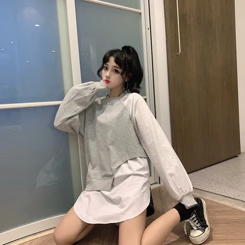 gray sweatshirt Woherb Осенняя модная Толстовка женские толстовки контрастного цвета Лоскутные Топы с длинными рукавами Повседневные Свободные корейские новые уличные 90893 - Цвет: gray sweatshirt