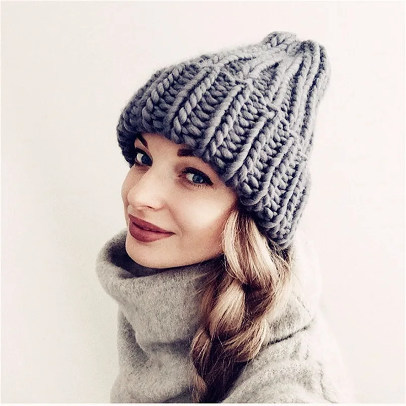 Women Hand Made Knitting Hat Beanies for Women Winter Warmer Ear Thick Soft Beanie Cap Lady Fashion Chunky Knitted Rib Hats