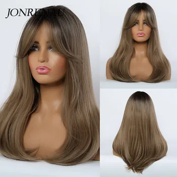 

Jonrenau Synthetic Natural Wave Wigs with Side Bangs Black Root Light Brown Wigs for Black Women Daily Natural Party Wigs