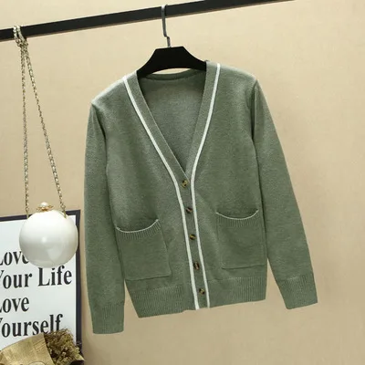 light green Высококачественные весенне-осенние повседневные кардиганы для женщин полосатые вязаные топы с длинными рукавами с v-образным вырезом женские свитера пальто - Цвет: light green