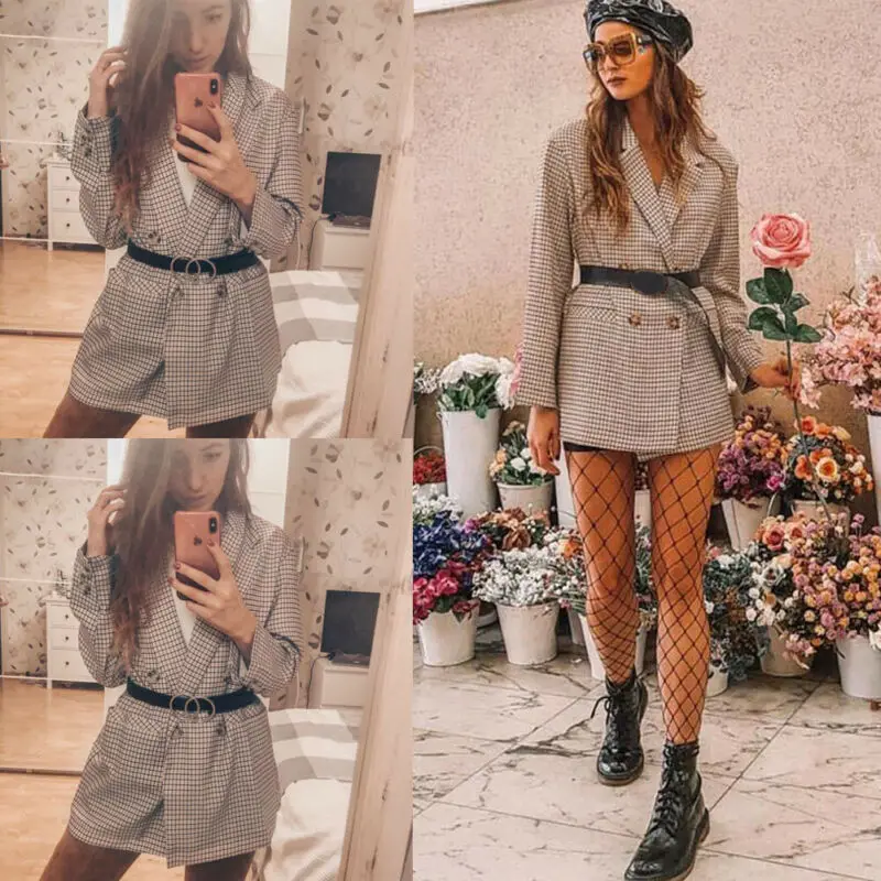 

Fashion Women's Casual Formal Single Button Up Long Sleeve Blazer Plaid Notched Jacket Outfit Coat