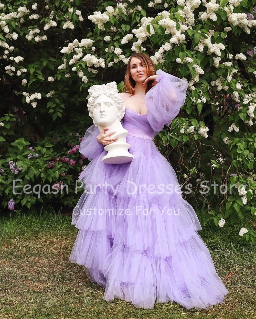 Lavender Long Puffy Sleeves Prom Dresses Korea Off The Shoulder Tiered Skirt Evening Gowns Lace Up Women Formal Dress Bafftafe