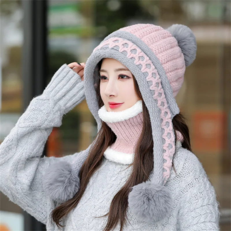 2021 Woolen Hat Women Winter Ear Protection Knitted Hat Bib Two-piece Plus Velvet Warm and Windproof Cycling Hat