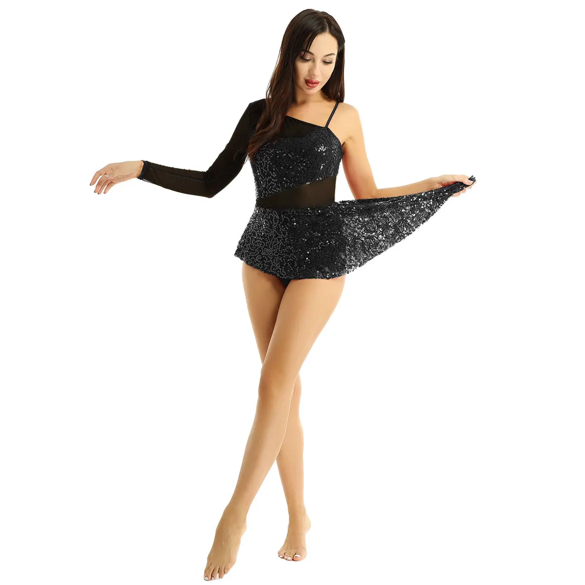 Женская гимнастическая трико кружевное балетное танцевальное платье для взрослых блестящая сетчатая юбка асимметричная балерина современный сценический костюм