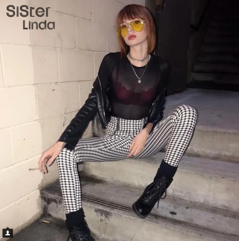 Sisterlinda модные хлопковые удобные женские серые белые черные клетчатые брюки женские кружевные повседневные эластичные боковые полосы Новые узкие брюки