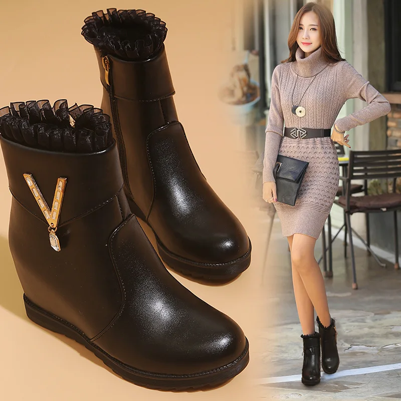 

2018 Metal Lace Korean-style Versatile Autumn And Winter Man-made Diamond round-Toe New Style Low-Top Elevator Side Zipper round