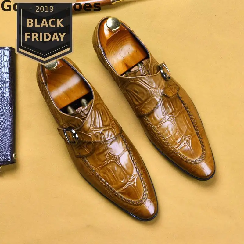 Роскошные мужские туфли на ремешке из воловьей кожи с пряжкой и крокодиловым принтом; коричневые кожаные официальные туфли; Мужские модельные кожаные туфли