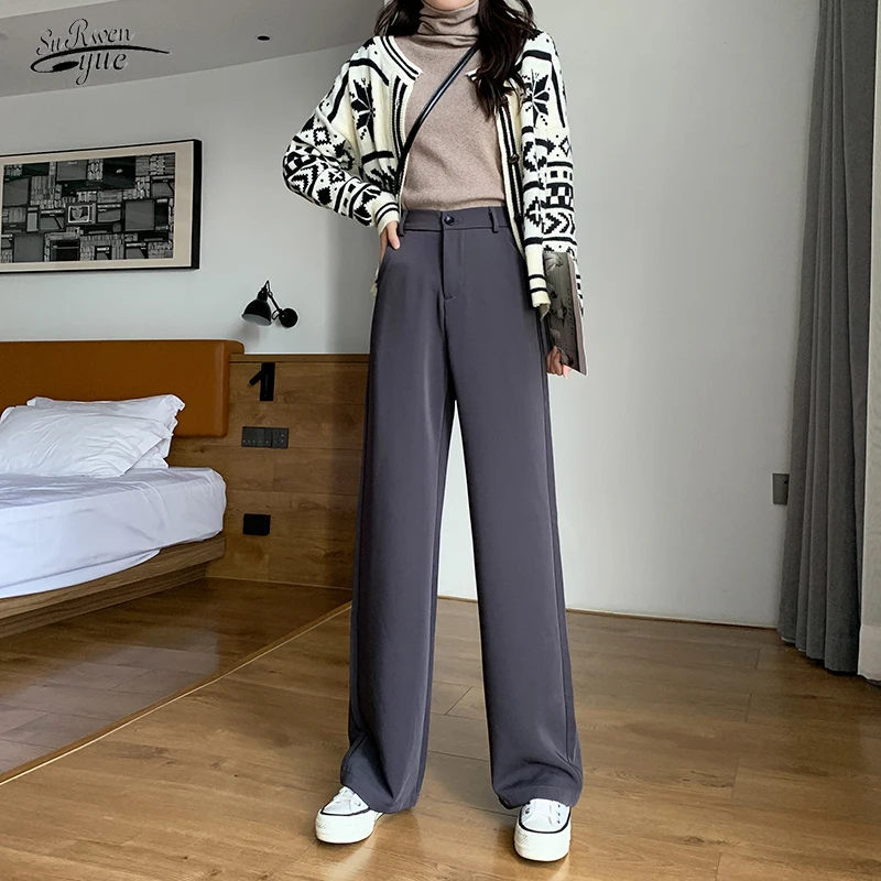 

2021 Autumn Fashion New Black Pants for Women Straight High Waist Wide Legs Pants Korean Cool Pants Suit Trousers Pants 16346