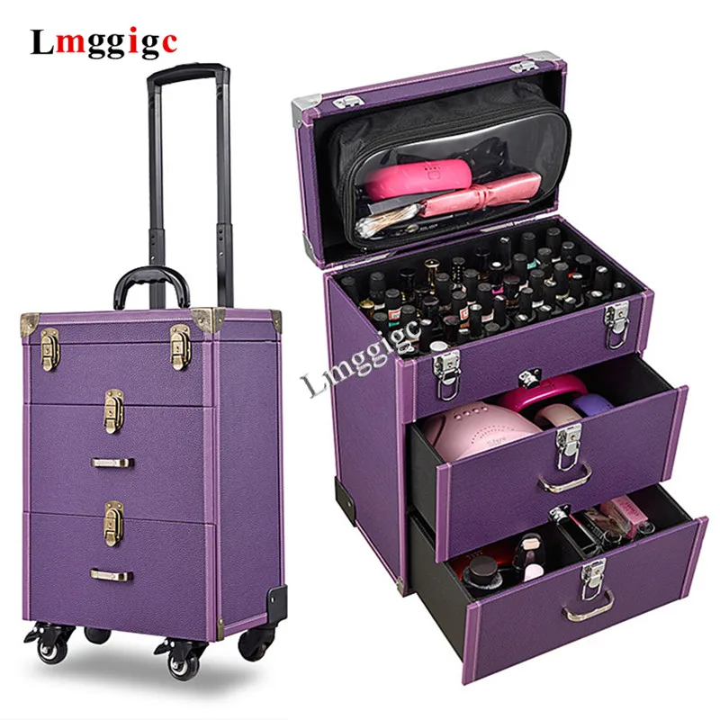 Suitcase for Makeup, Cosmetic Bag with Wheel, Nails Toolbox Beautician