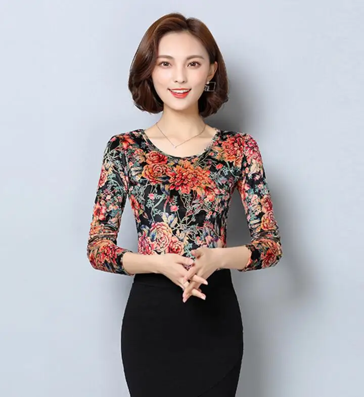 Женские блузки, плюс размер 5XL, корейский стиль, топы, весна-осень, длинный рукав, круглый ворот, Элегантный принт, женская блузка, рубашка, Blusas Femininas - Цвет: 828-4