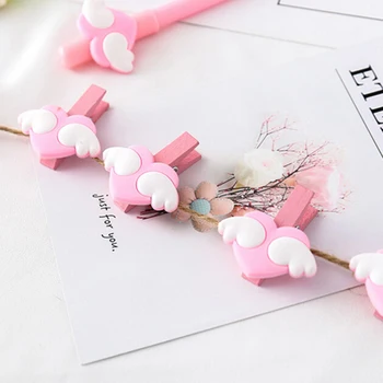 

5 Pcs/Lot New Pink Love Heart Wing Wood Clips File Clip Organizer Papelaria Kawaii Stationery Office School Supplies