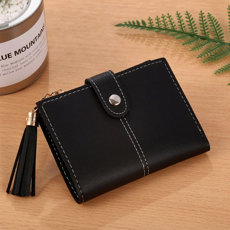 

Fashion Pu Leather Women's Wallets New Small Tassel Pendant Buckle Short Purses Women Solid Color Purses Short Female Wallets
