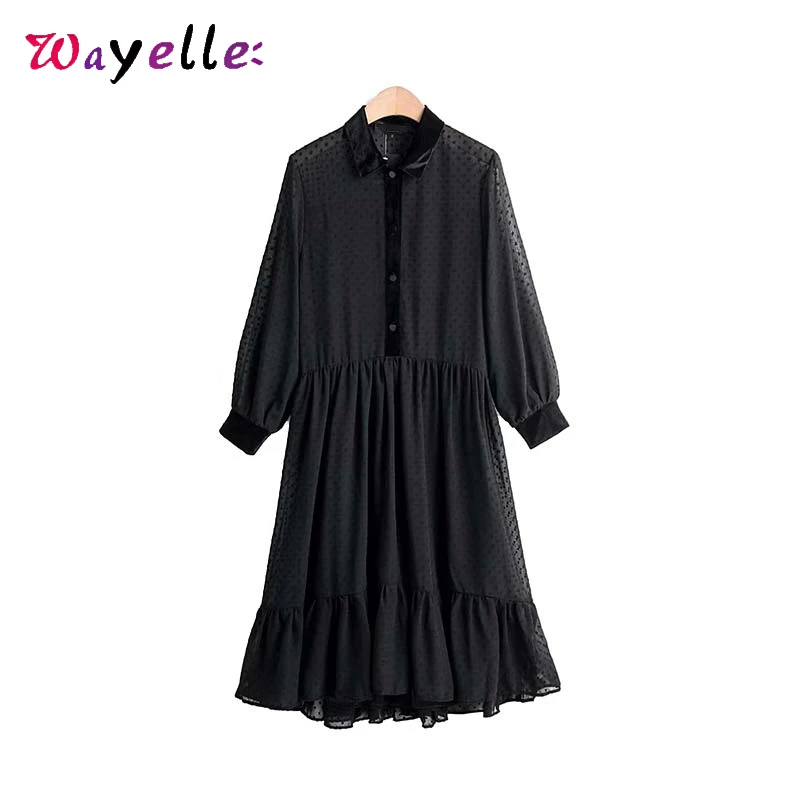 Женское шифоновое платье миди в черный горошек с отложным воротником и длинным
