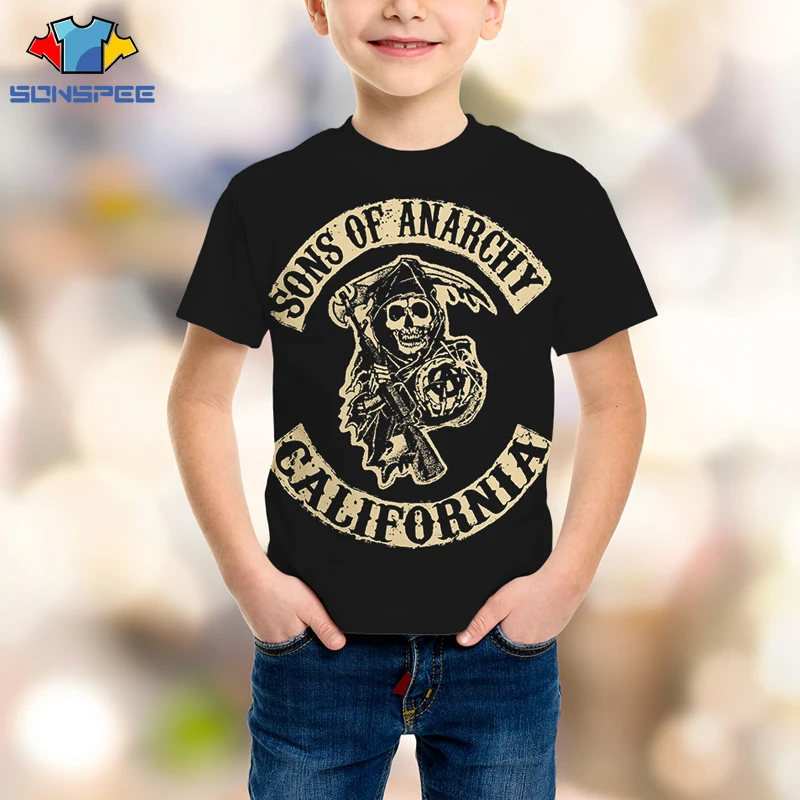 SONSPEE 3D TV Series Sons Of Anarchy T-shirt Motorcycle Children's Shirt Violence Death Scythe Kids Casual Skull | Мужская одежда
