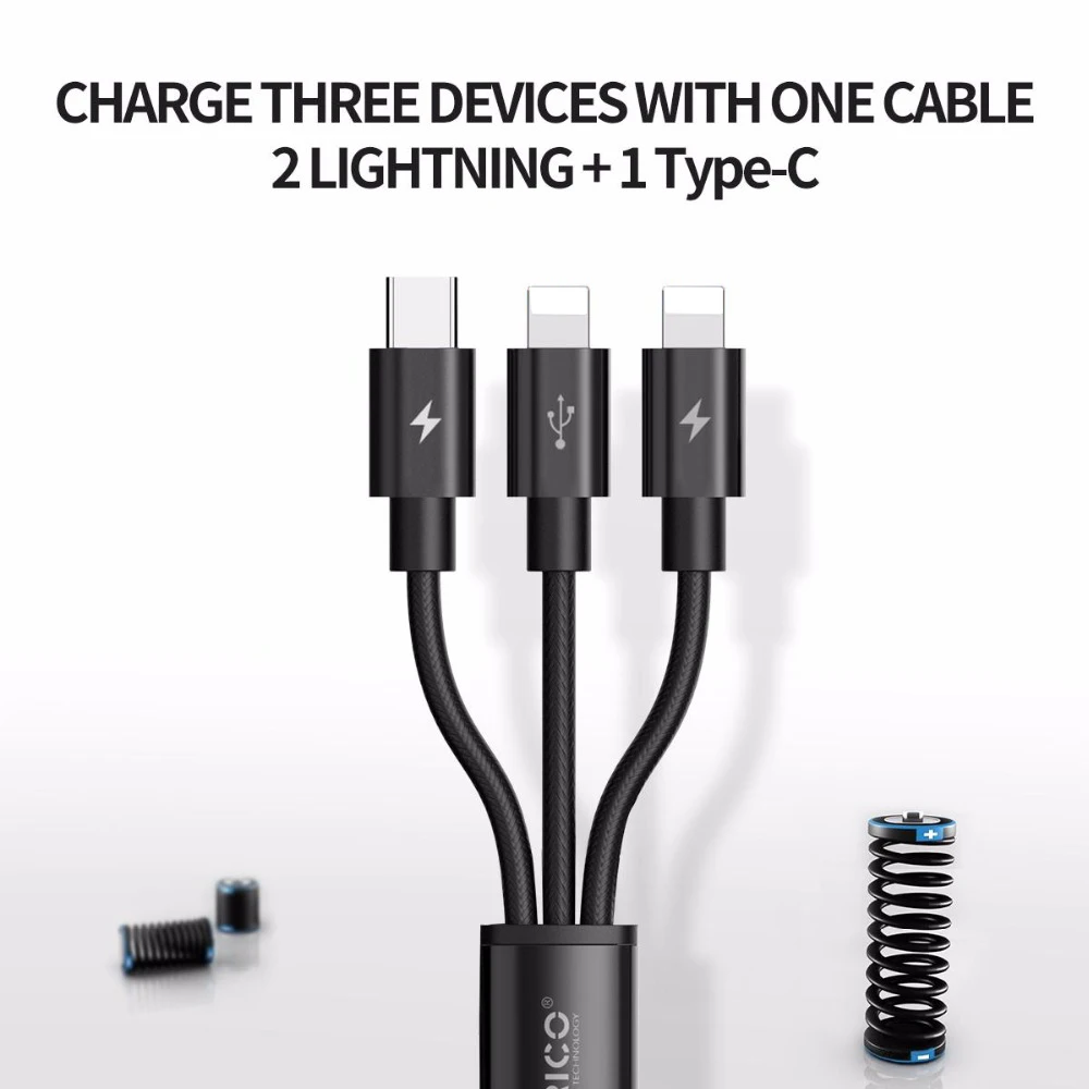 ORICO UTS2 3 в 1 USB кабель для iPhone Быстрая зарядка и кабель для передачи данных для samsung Xiaomi huawei с 2 освещением и 1 интерфейсом type C