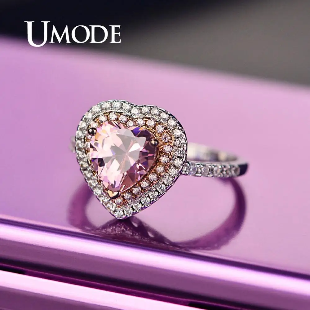 UMODE кольца с розовым сердцем для женщин, роскошные винтажные Свадебные кольца с кристаллами для помолвки, кольцо с кубическим цирконием, Женские аксессуары UR0568