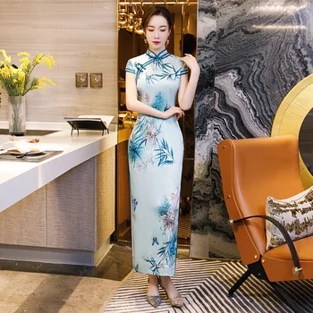 

Summer Vintage Short Sleeve Cheongsam Sexy Women Formal Long Dress Print Flower Rayon Qipao Oversize 3XL 4XL