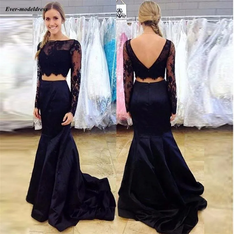 

2019 Long Sleeves Two Pieces Mermaid Prom Dresses Sheer Scoop Lace Appliques Fitted Evening Party Gowns Sweep Train Abiye