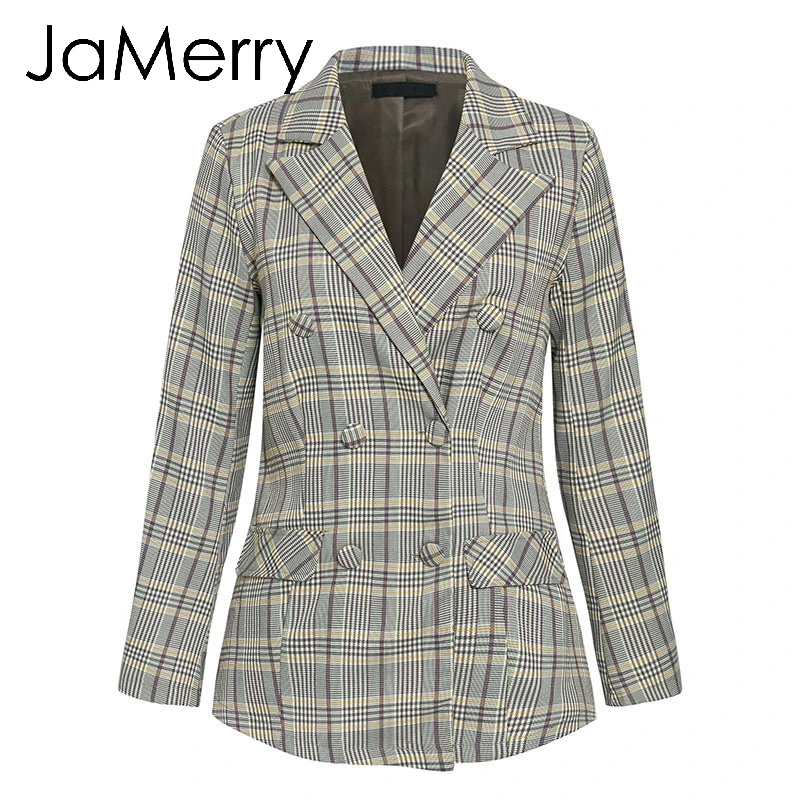 JaMerry, винтажный клетчатый двубортный женский Блейзер, костюм, набор, длинный рукав, для офиса, леди, брючный костюм, Повседневный, уличная одежда, брючный костюм
