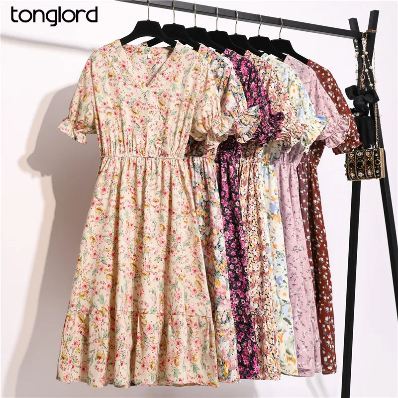 Tonglord Women Chiffon Dress 2020 New Summer  Female Short Sleeve Vintage Printed Floral Casual Dresses V-neck A-line Vestidos