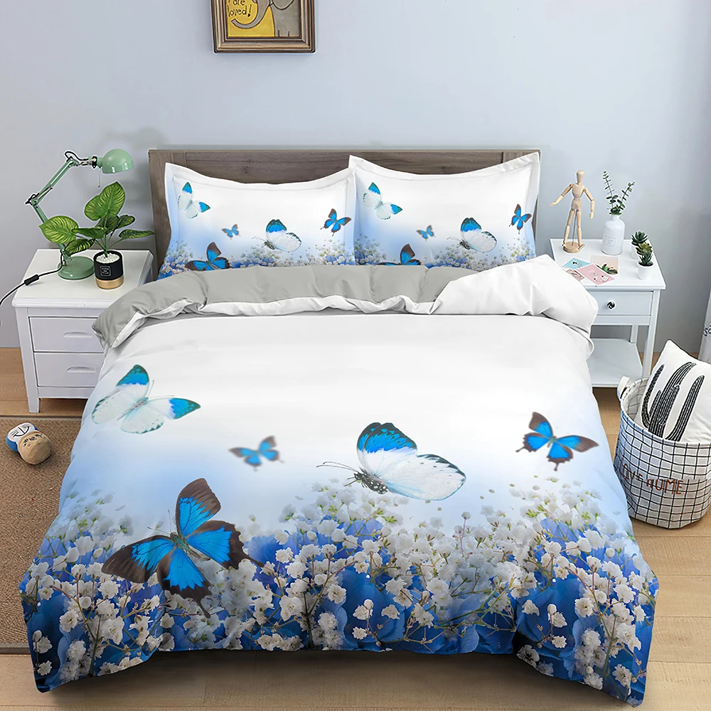 Butterfly Bedding Set Duvet Cover Queen King Blue Red Butterflies And Flower Printed 2/3PC Boys Girls Comforter Quilt | Дом и сад