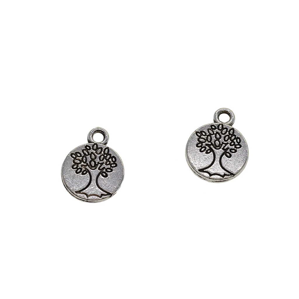 Wholesale 50pcs Tibetan silver color Plated Engraved Tree of life Charms Pendants for Jewelry Making DIY Handmade Craft Accessory 15mm