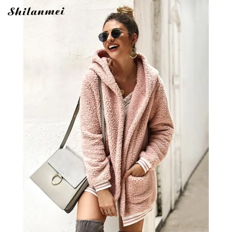 Женское флисовое пальто с капюшоном розовая Chaqueta Mujer Новая модная женская куртка из искусственного меха осень-зима; в повседневном стиле Свободное пальто-Тедди