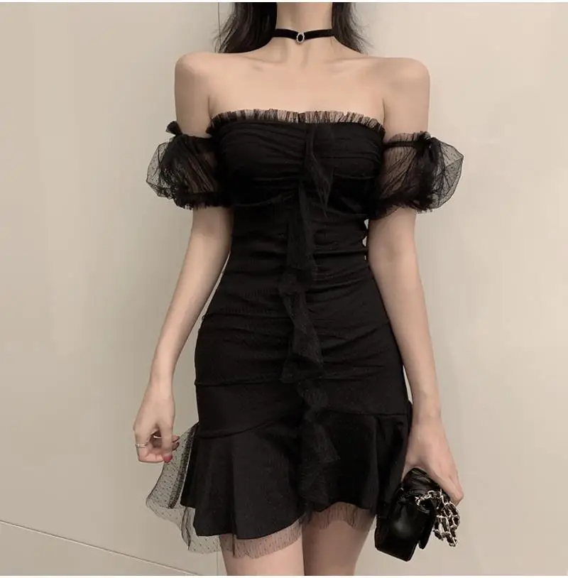 Black Women Slash Neck Sexy Gothic Mini Dress 2021 Summer Lady Party Mesh Spliced Ruffles Slim Pleated Backless Beige Dresses