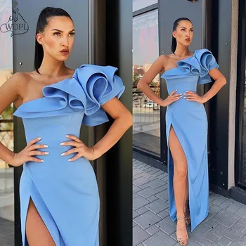 

2019 Light Blue Evening Dress One Shoulder A Line Ruffles High Split Prom Dresses Floor Length Arabic Formal Dress Custom Cheap