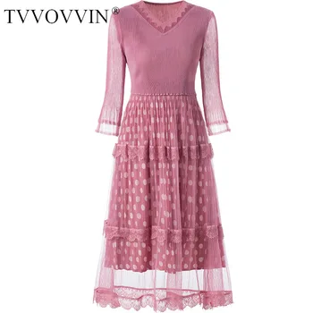 

Korea Round Point Printing patchwork mesh Slim pleated Dresses famale 2020 spring summer Women's Wear sexy dressI76S