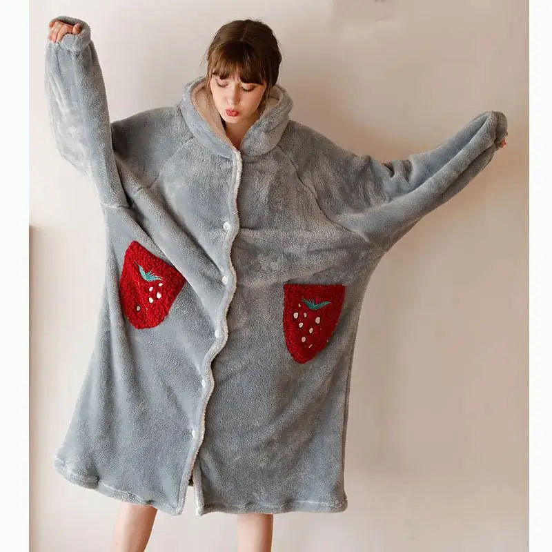 Winter Women Warm Flannel Bathrobe Long Sleeve Thickened Hooded Bath Robe Solid Night Sleepwear Dressing Gown