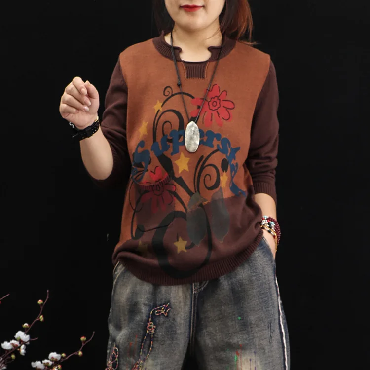 brown printed Max LuLu/осень ; корейский модный женский свитер с принтом; женские вязаные пуловеры; винтажная зимняя одежда; Повседневный джемпер; большие размеры - Цвет: brown printed