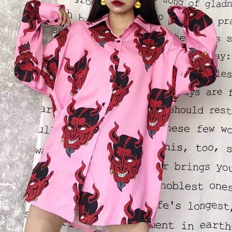  NiceMix Harajuku Demon Print Spring Women Blouse Punk Gothic Hip Hop Casual Top Loose Long Sleeve W